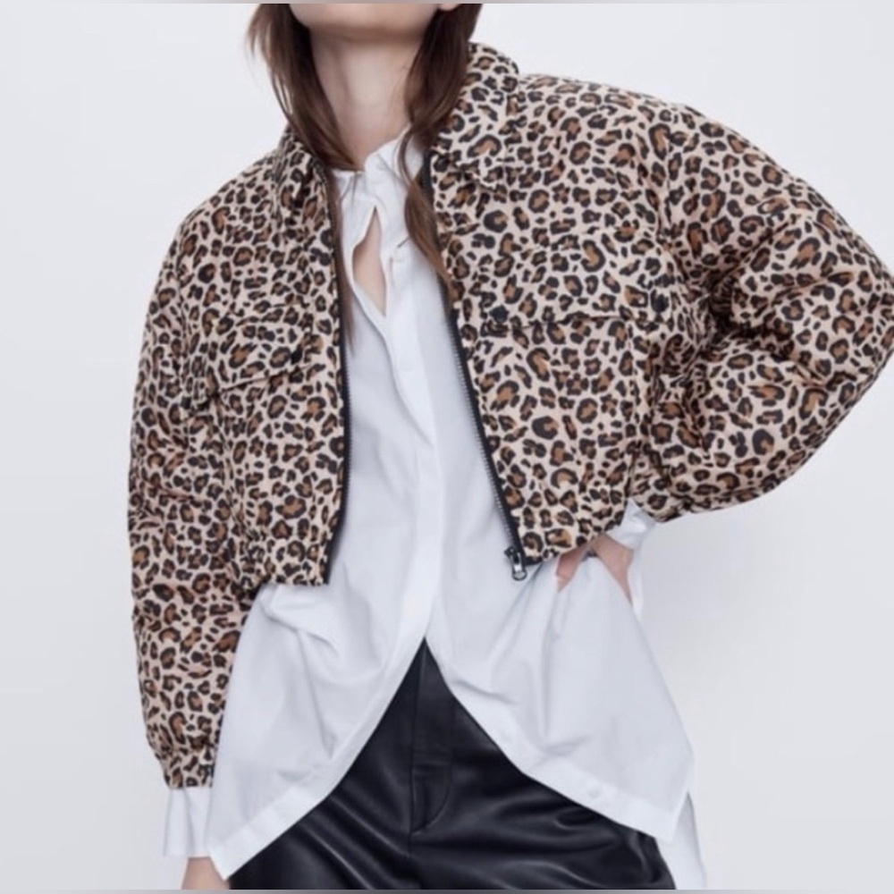 Zara Leopard Print Cropped Puffer Medium